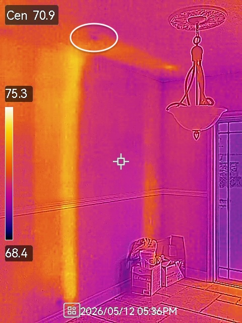 Thermal imaging revealed a temperature anomaly consistent with moisture intrusion during an Irvine home inspection