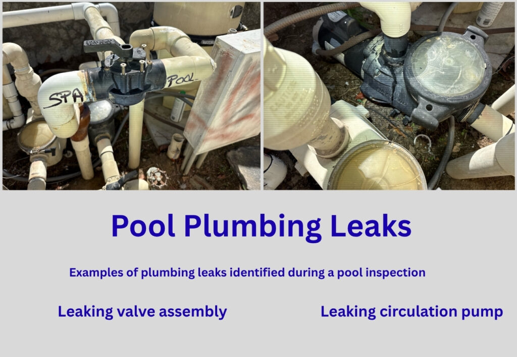 Pool plumbing leaks identified during a Southern California home inspection