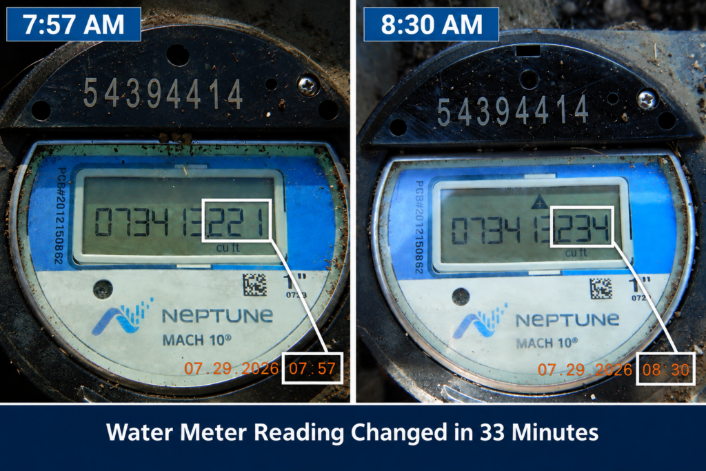 Water meter readings showing 13 cubic feet of water use in 33 minutes during a home inspection