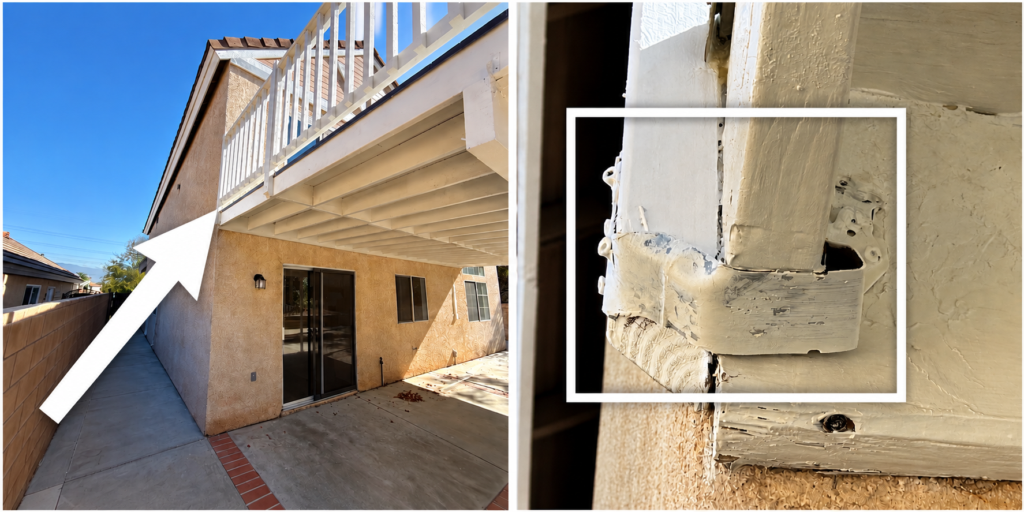 Improper joist hanger usage observed at an elevated deck during a home inspection in Southern California