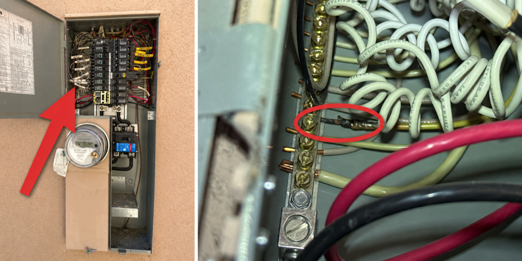 Open electrical panel beside a close-up of melted wiring at a terminal connection